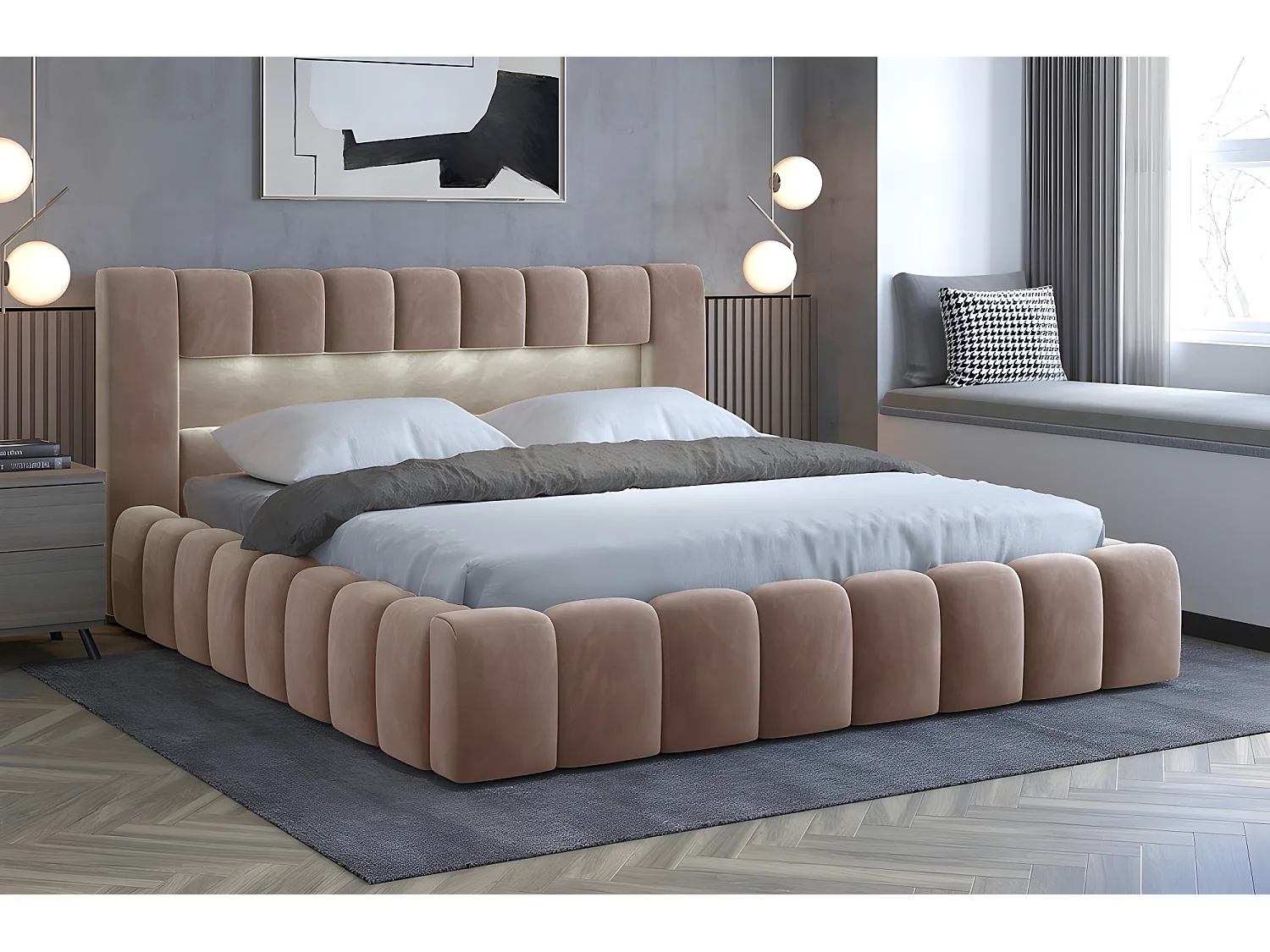 Luxe tweepersoons bed met opbergruimte en LED-verlichting, 180x200 cm, bruin