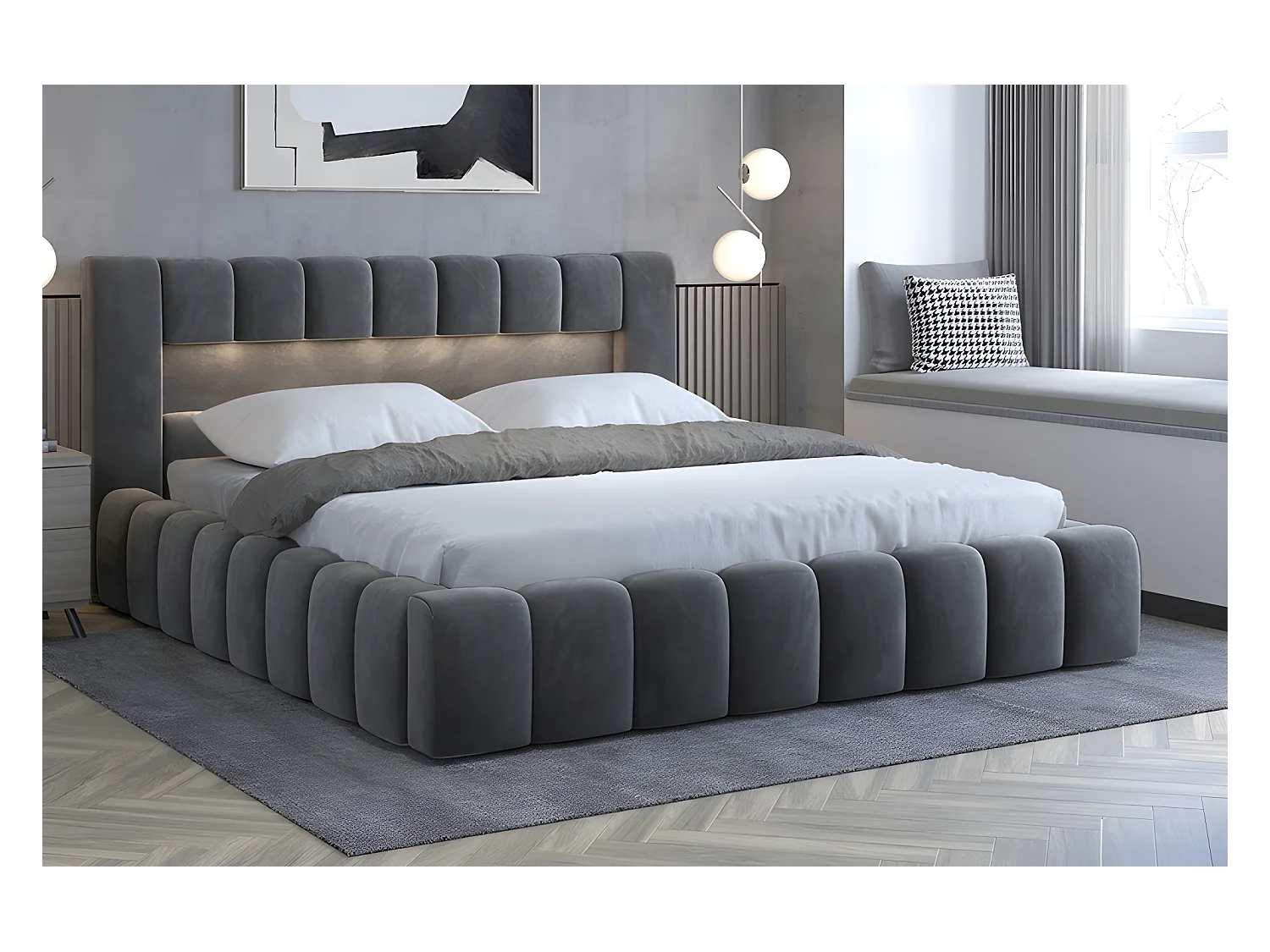 Lit 140x200 rembourré en velours luxe avec coffre et éclairage LED, anthracite, LANA