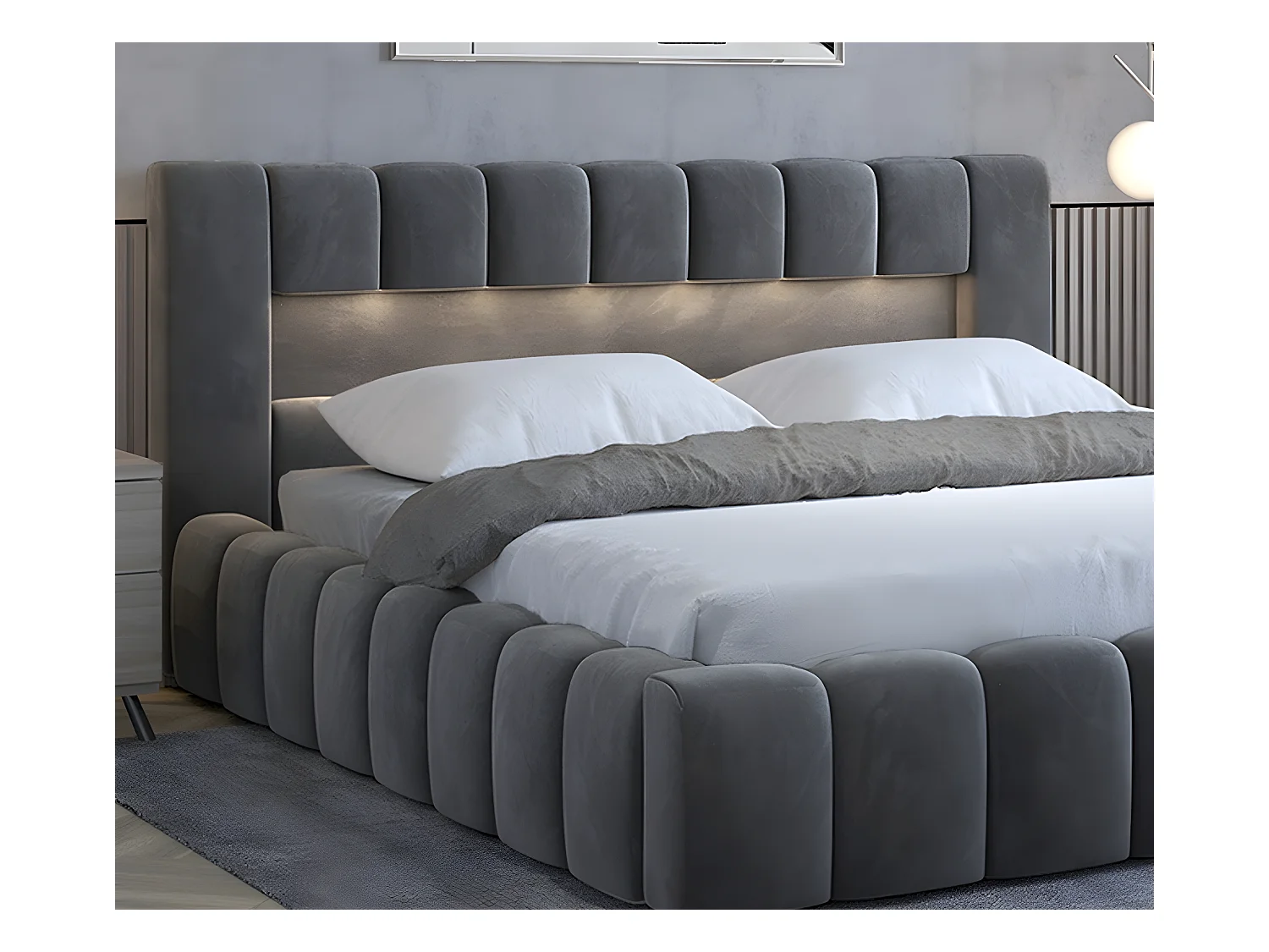 Lit 140x200 rembourré en velours luxe avec coffre et éclairage LED, anthracite, LANA