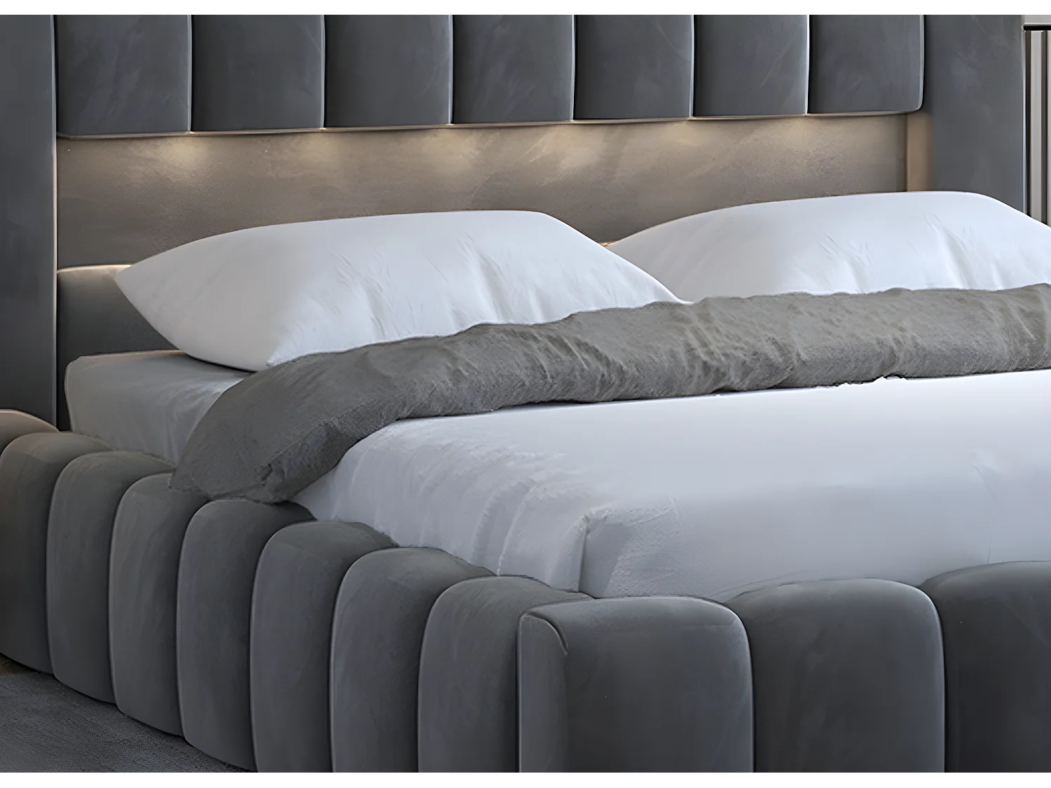 Lit 140x200 rembourré en velours luxe avec coffre et éclairage LED, anthracite, LANA