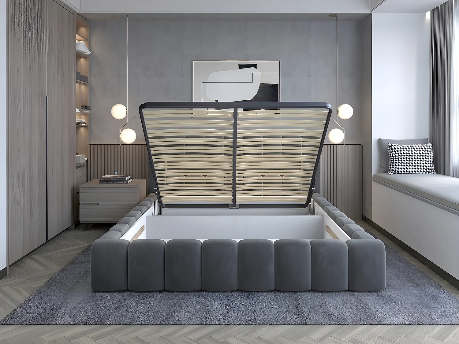 Lit 140x200 rembourré en velours luxe avec coffre et éclairage LED, anthracite, LANA