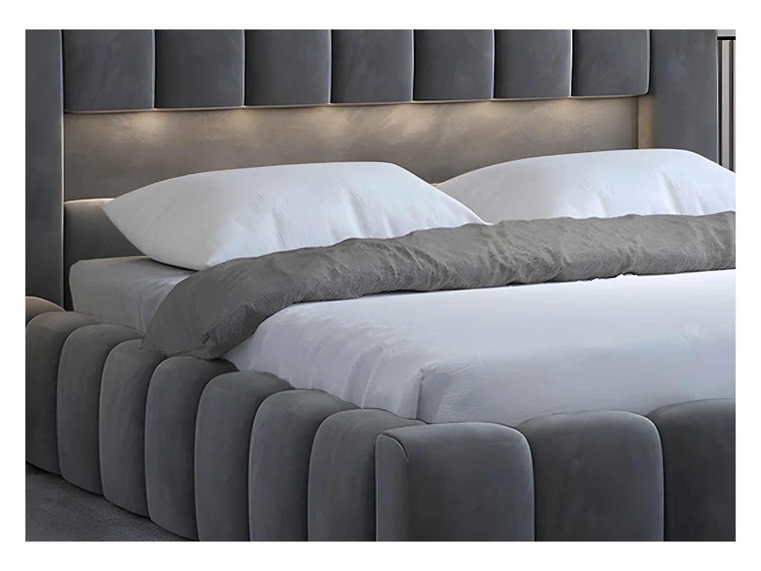 Lit 180x200 rembourré en velours luxe avec coffre et éclairage LED, anthracite, LANA