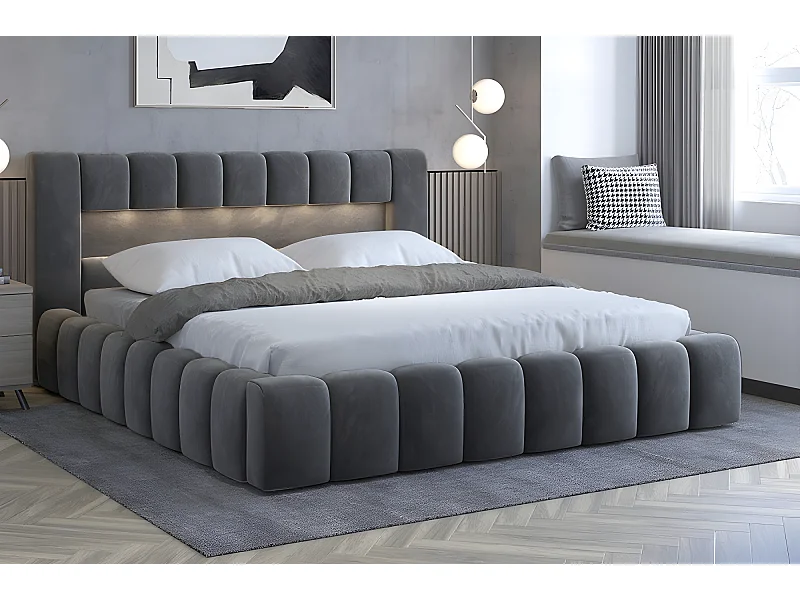 Lit 180x200 rembourré en velours luxe avec coffre et éclairage LED, anthracite, LANA