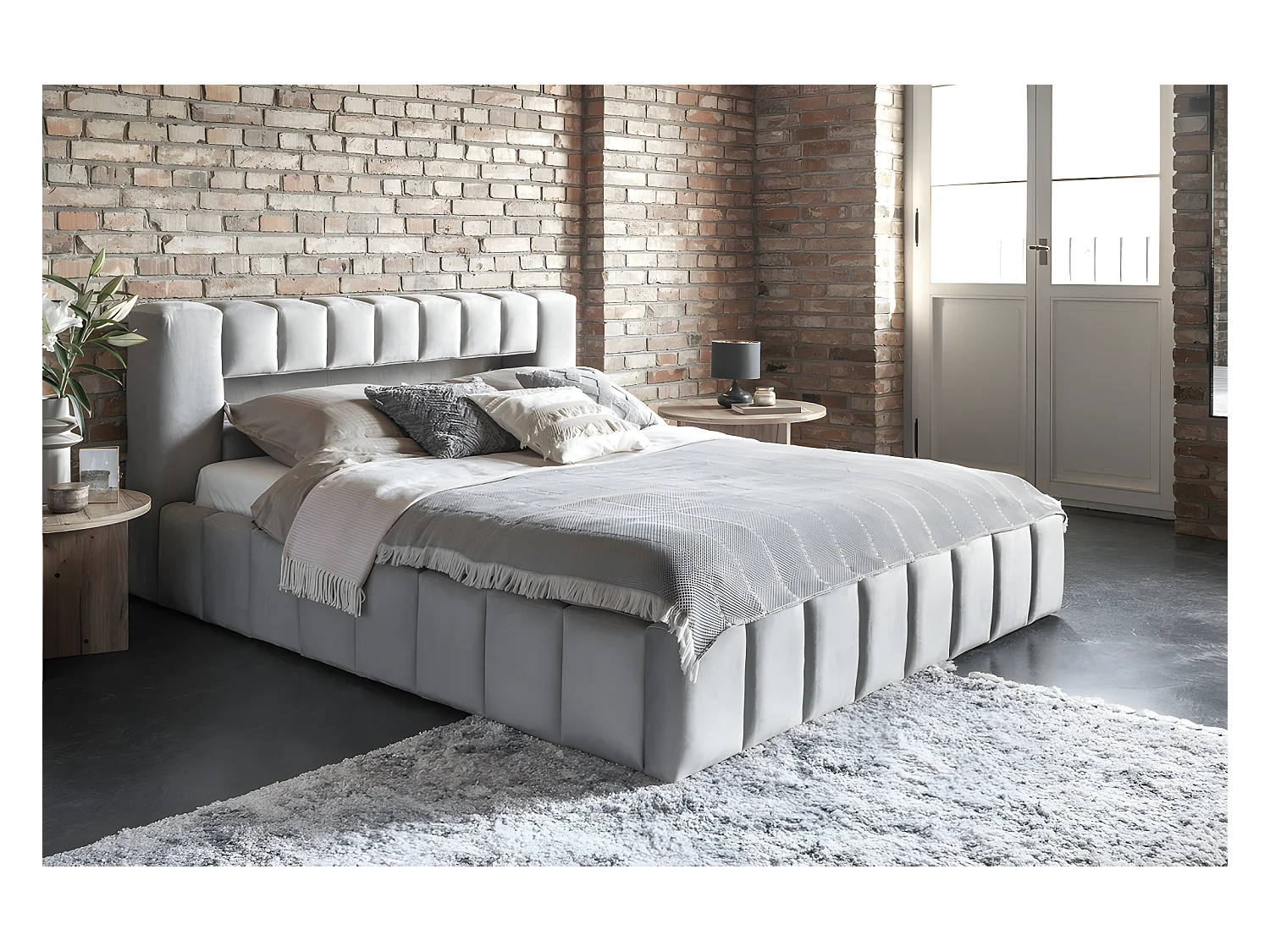 Lit 160x200 rembourré en velours luxe avec coffre et éclairage LED, gris, LANA