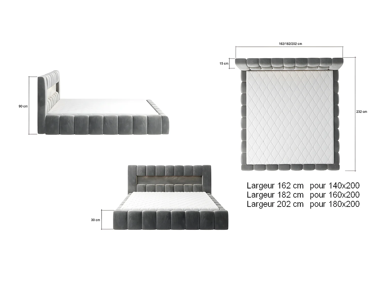 Lit 160x200 rembourré en velours luxe avec coffre et éclairage LED, gris, LANA