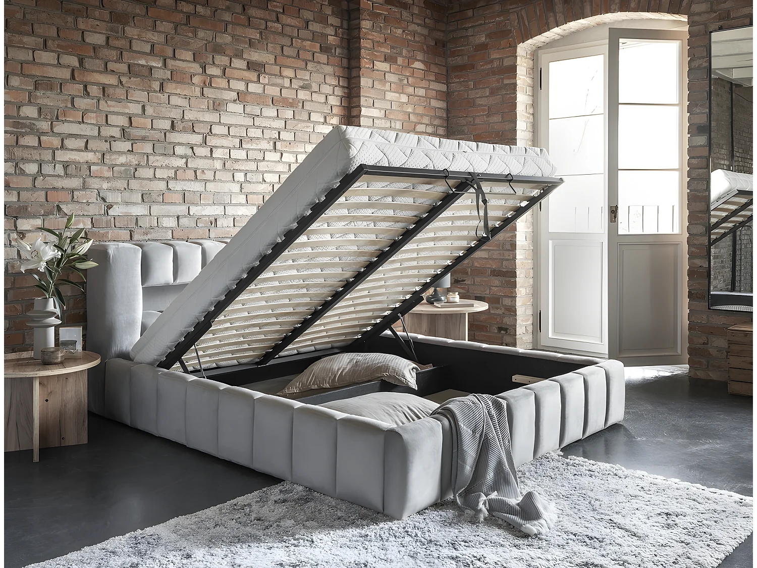 Lit 160x200 rembourré en velours luxe avec coffre et éclairage LED, gris, LANA