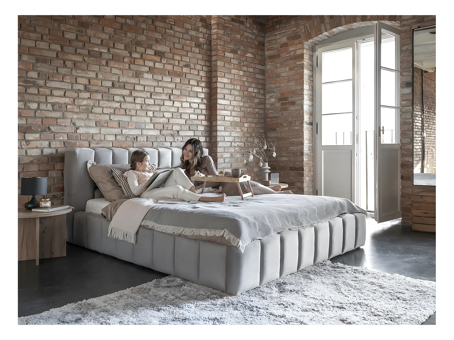 Lit 180x200 rembourré en velours luxe avec coffre et éclairage LED, gris, LANA
