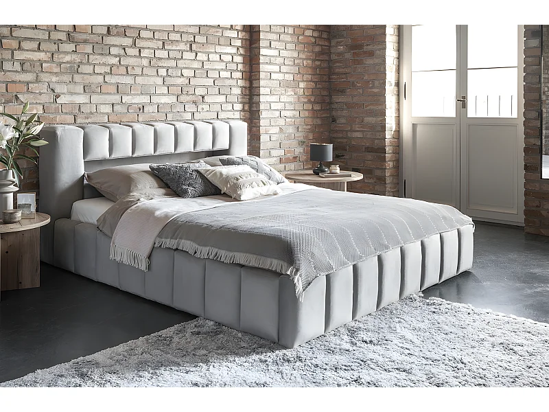 Lit 180x200 rembourré en velours luxe avec coffre et éclairage LED, gris, LANA