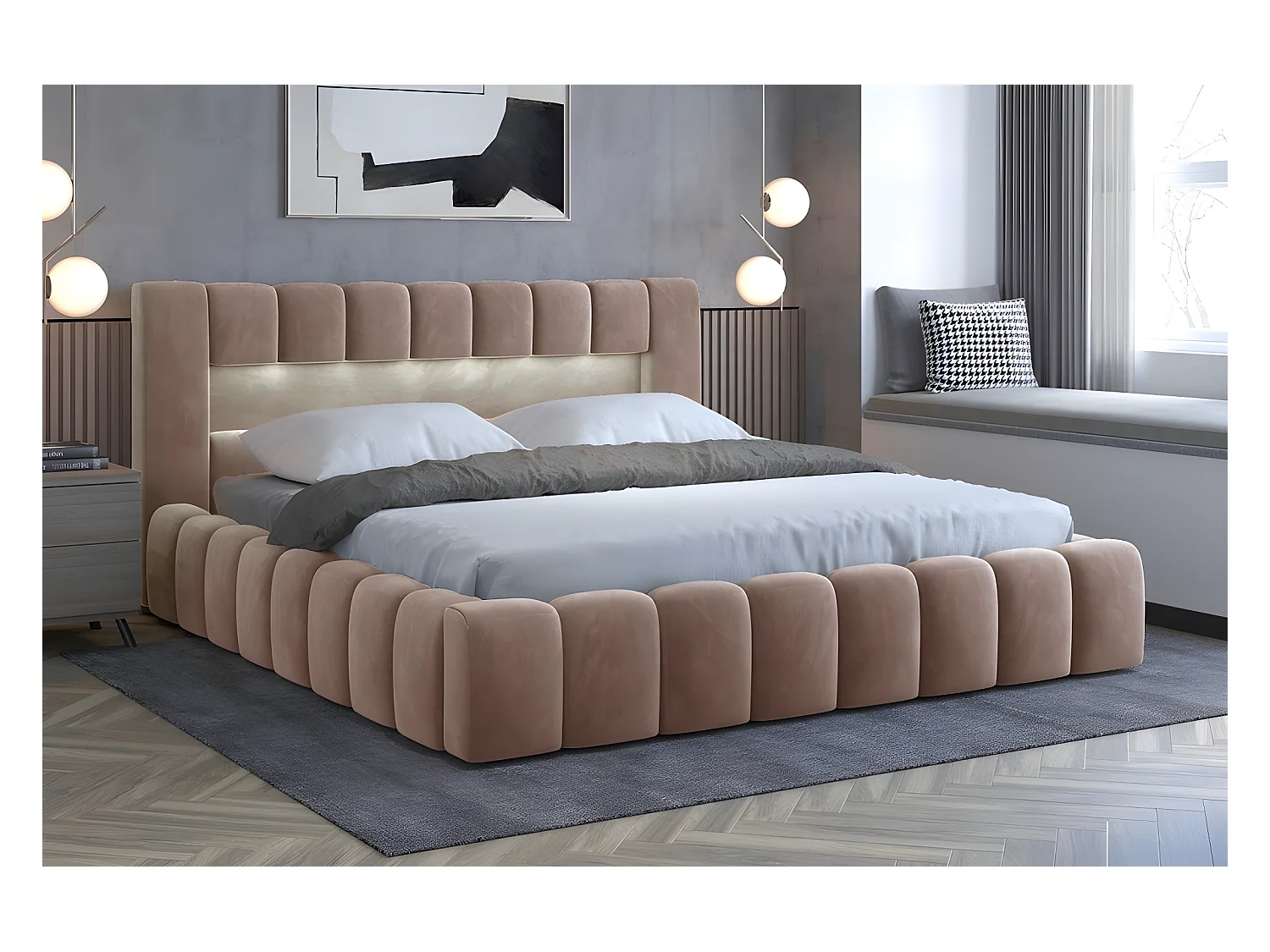 Lit 160x200 rembourré en velours luxe avec coffre et éclairage LED, marron, LANA