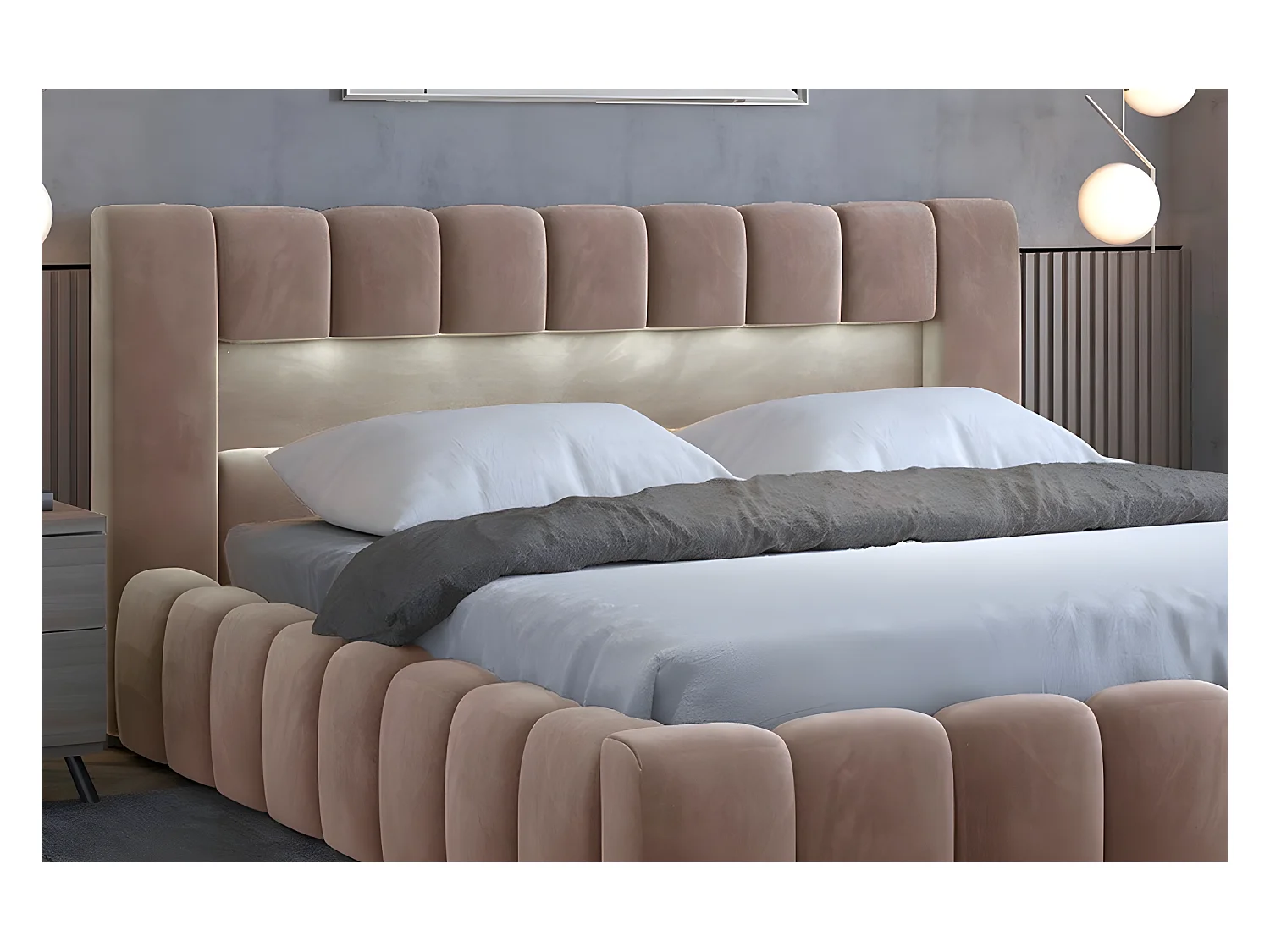 Lit 160x200 rembourré en velours luxe avec coffre et éclairage LED, marron, LANA