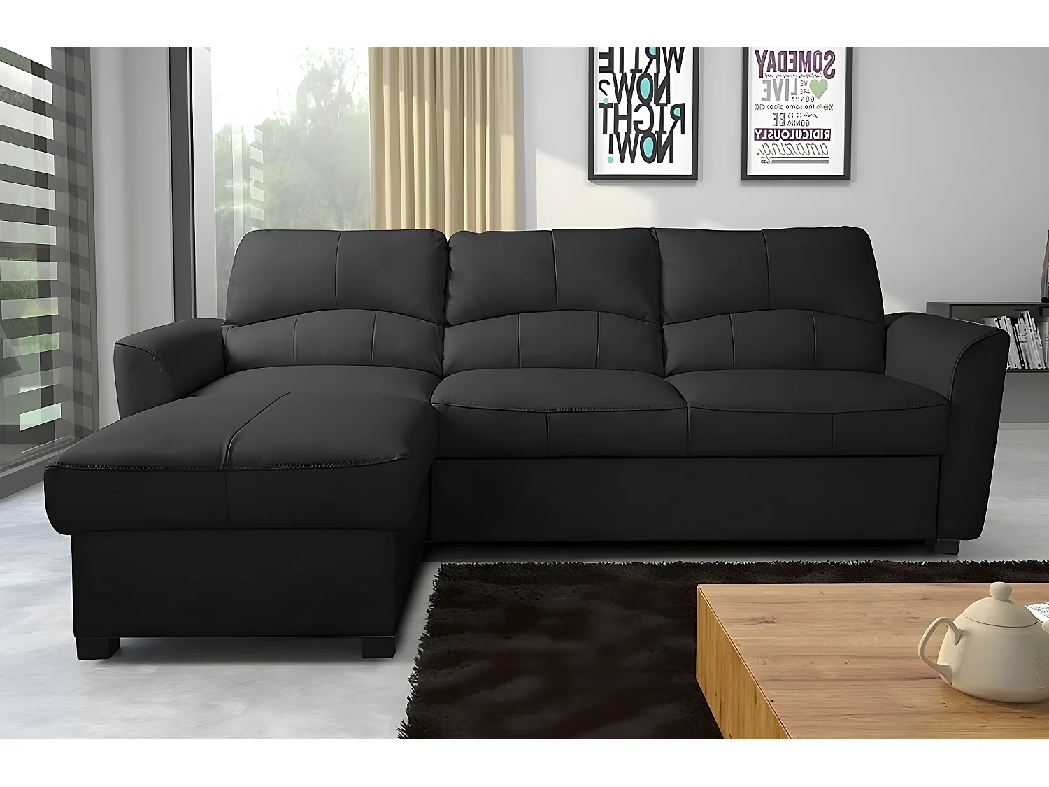 Canapé d'angle convertible en cuir de luxe italien , 5 places LUGANO, noir, angle gauche