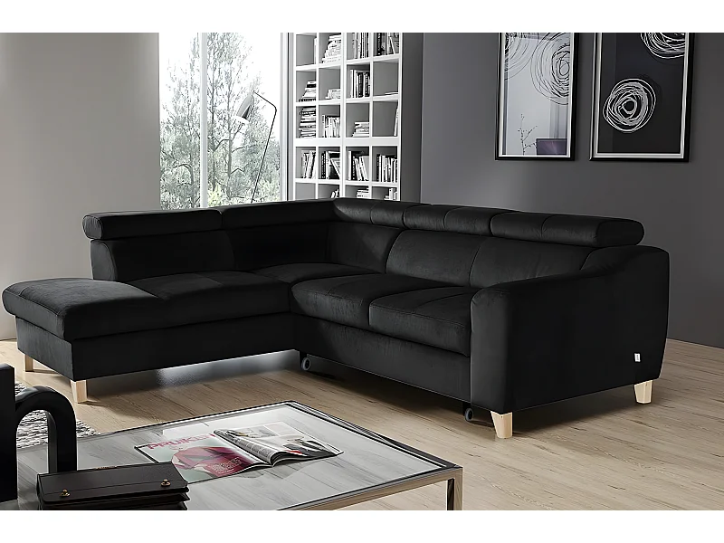 Canapé d'angle convertible en tissu velours luxe 5 places, ASTERIA  noir, angle gauche