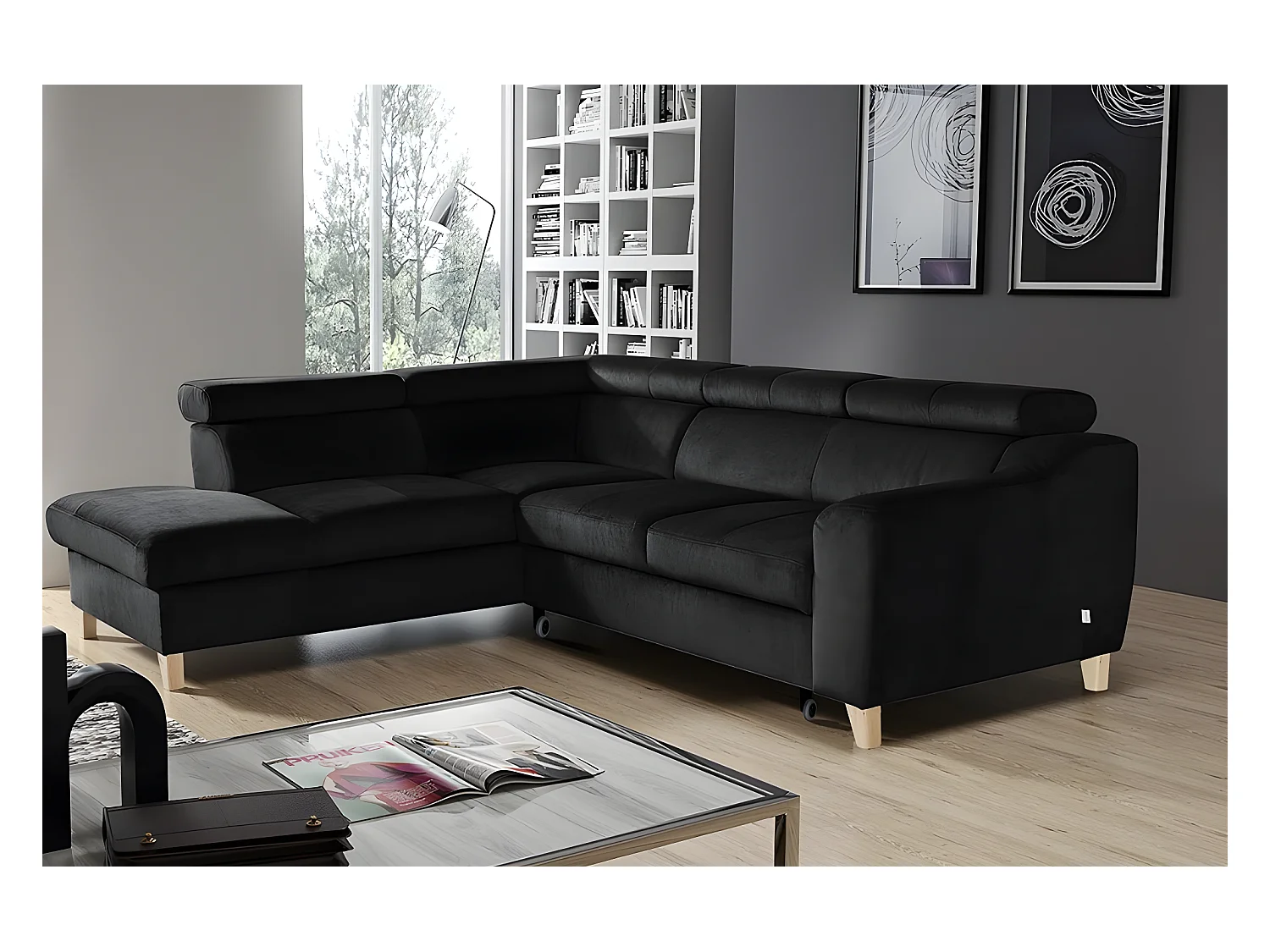 Canapé d'angle convertible en tissu velours luxe 5 places, ASTERIA  noir, angle gauche