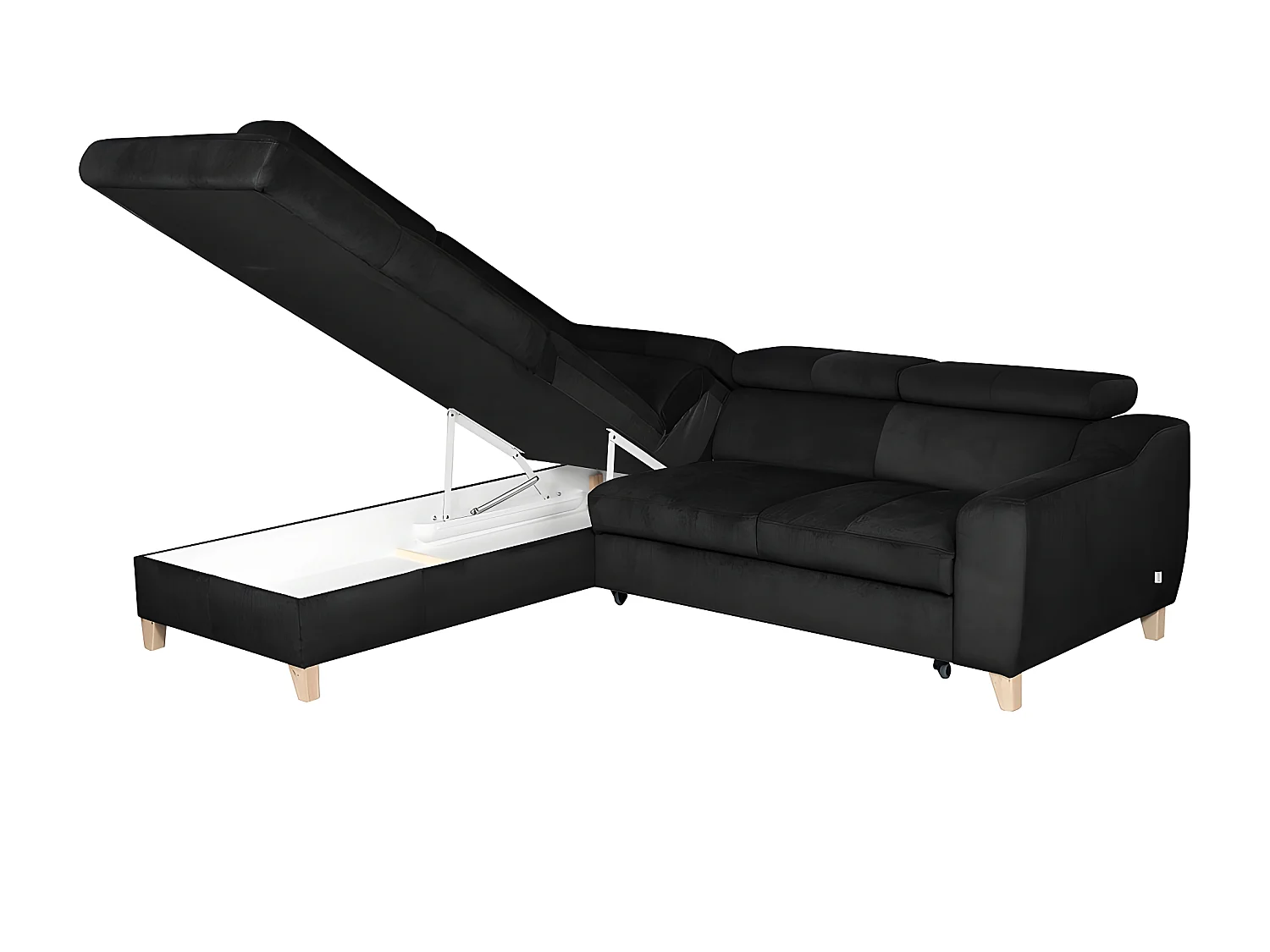 Canapé d'angle convertible en tissu velours luxe 5 places, ASTERIA  noir, angle gauche
