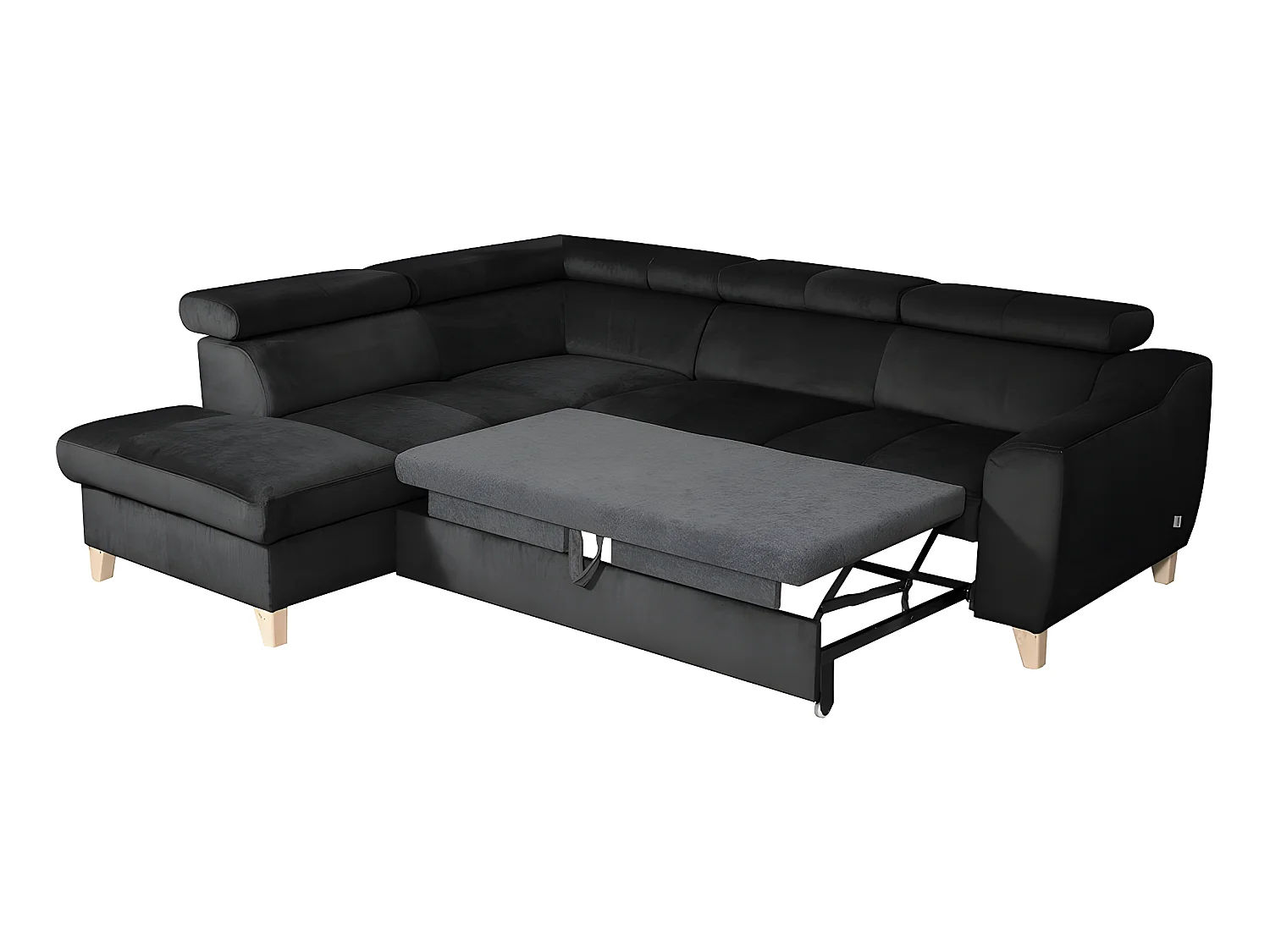 Canapé d'angle convertible en tissu velours luxe 5 places, ASTERIA  noir, angle gauche