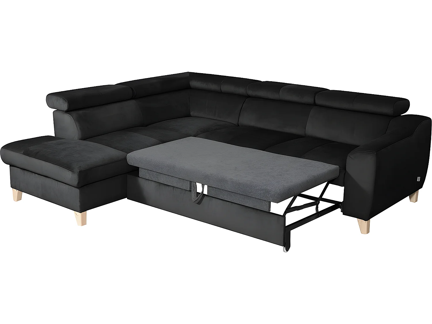 Canapé d'angle convertible en tissu velours luxe 5 places, ASTERIA  noir, angle gauche