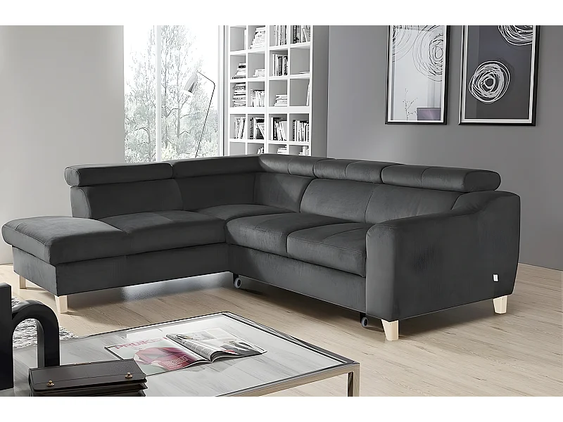 Canapé d'angle convertible en velours luxe 5 places, ASTERIA gris foncé, angle gauche