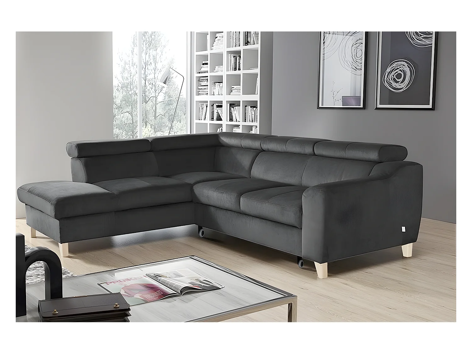 Canapé d'angle convertible en velours luxe 5 places, ASTERIA gris foncé, angle gauche