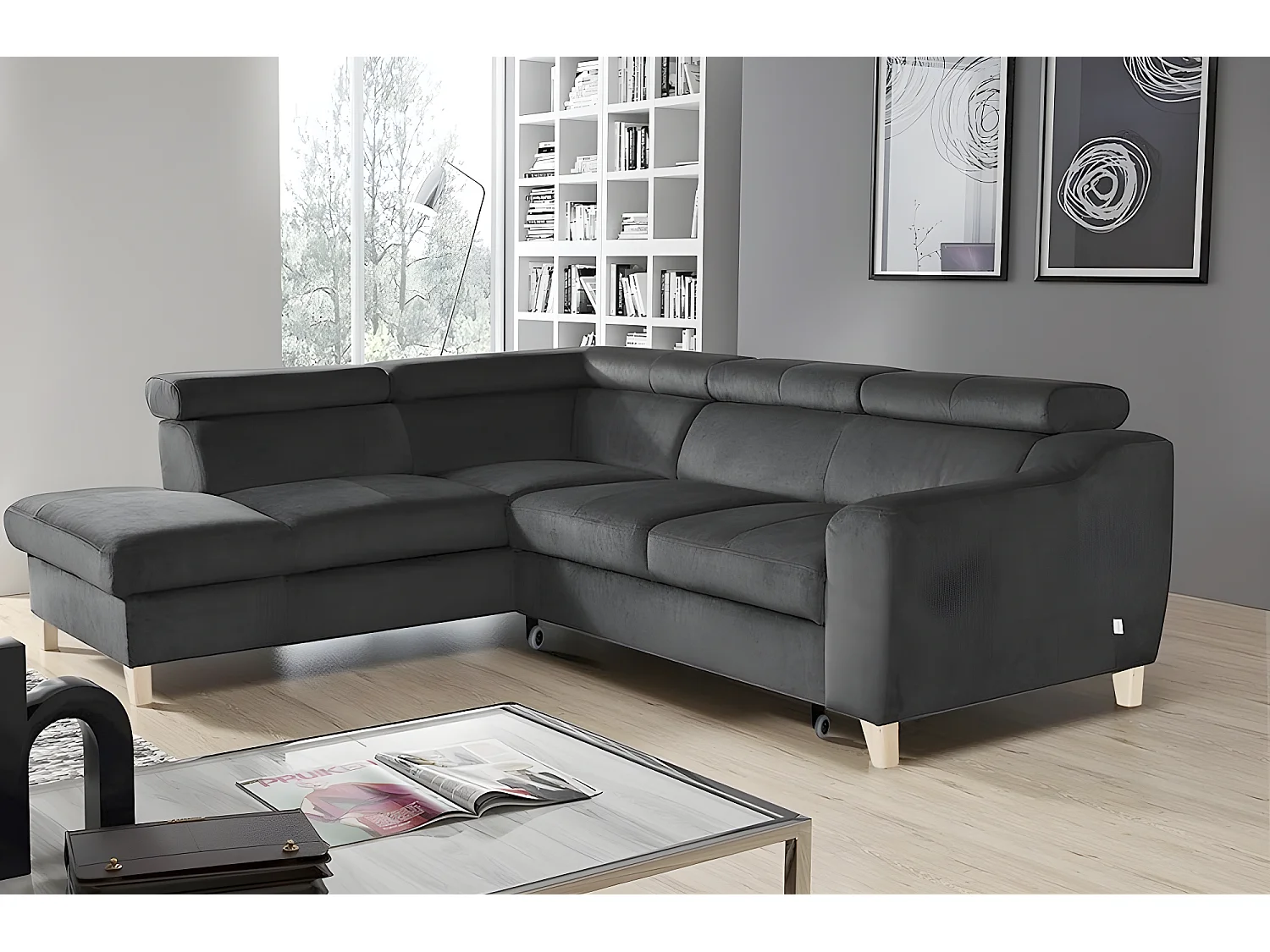 Canapé d'angle convertible en velours luxe 5 places, ASTERIA gris foncé, angle gauche