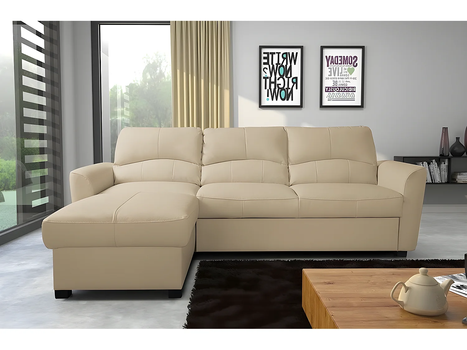 Canapé d'angle convertible en cuir de luxe italien , 5 places LUGANO, beige, angle gauche