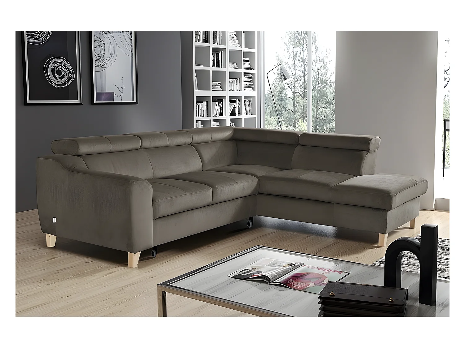 Canapé d'angle convertible en tissu luxe 5 places, ASTERIA taupe, angle droit