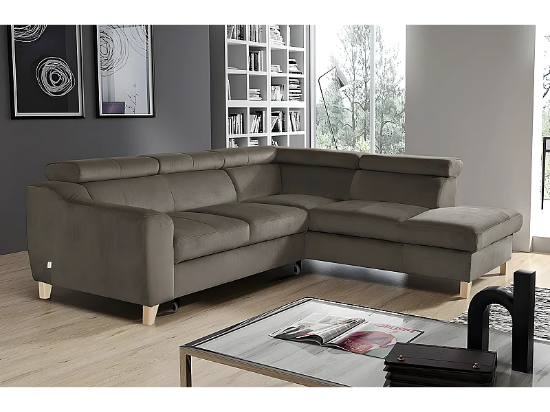 Hoekbank van luxe stof, 5-zits ASTERIA taupe met comfortabele chaise longue en opbergruimte