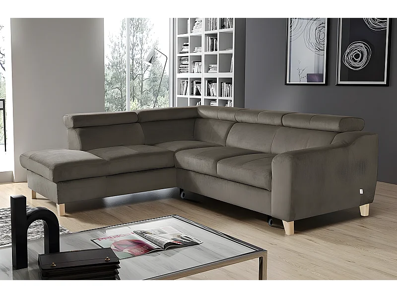 Canapé d'angle convertible en tissu velours luxe 5 places, ASTERIA  taupe, angle gauche