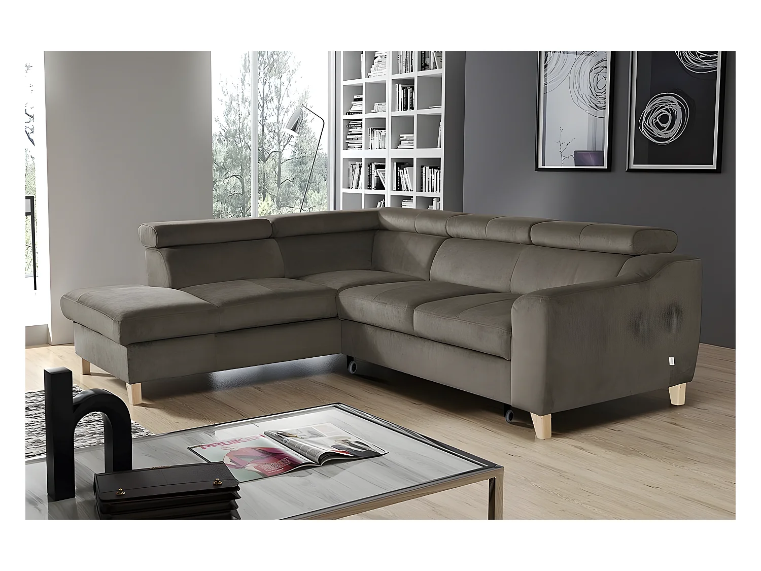 Canapé d'angle convertible en tissu velours luxe 5 places, ASTERIA  taupe, angle gauche