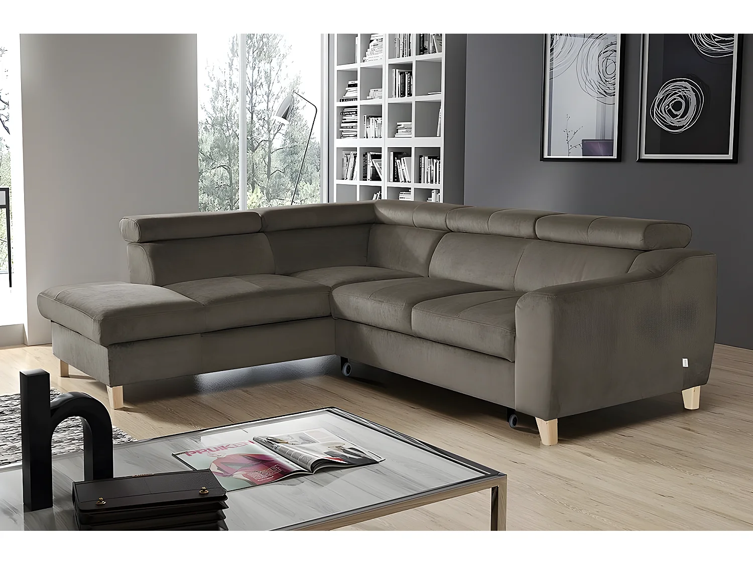 Hoekbank omvormbaar in luxe ASTERIA taupe fluweelstof, 5 plaatsen met opbergruimte en verstelbare hoofdsteunen