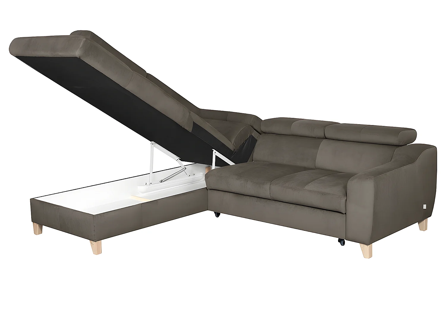 Hoekbank omvormbaar in luxe ASTERIA taupe fluweelstof, 5 plaatsen met opbergruimte en verstelbare hoofdsteunen