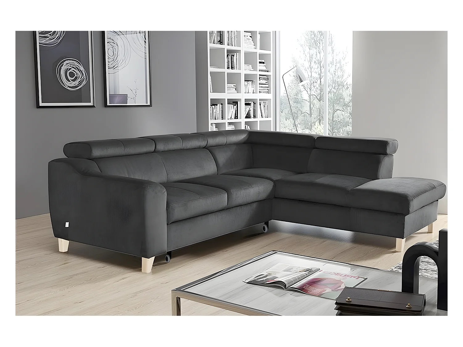 Hoekbank van luxe stof met 5 zitplaatsen, ASTERIA donkergrijs, met comfortabele chaise longue en opbergruimte