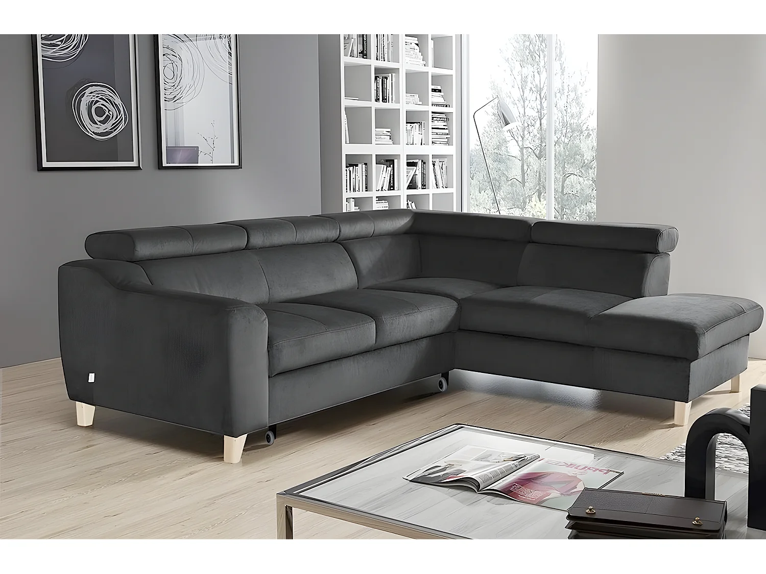 Canapé d'angle convertible en tissu luxe 5 places, ASTERIA gris foncé, angle droit