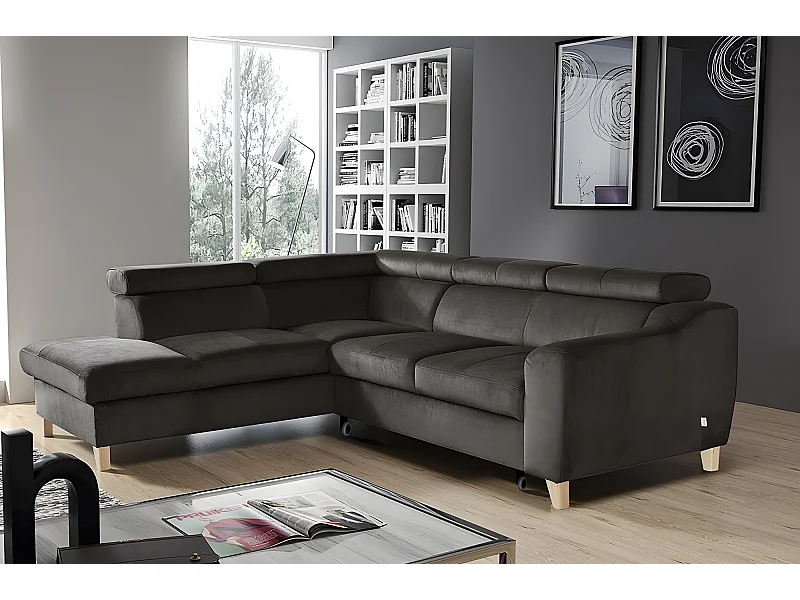 Hoekbank van luxe fluwelen stof met comfortabele chaise longue en opbergruimte, ASTERIA lichtbruin, 5 zitplaatsen, linkerhoek