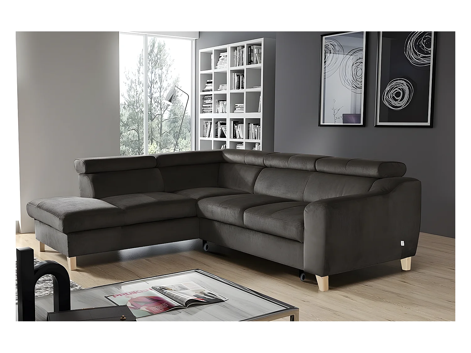 Canapé d'angle convertible en tissu luxe 5 places, ASTERIA chocolat clair, angle gauche