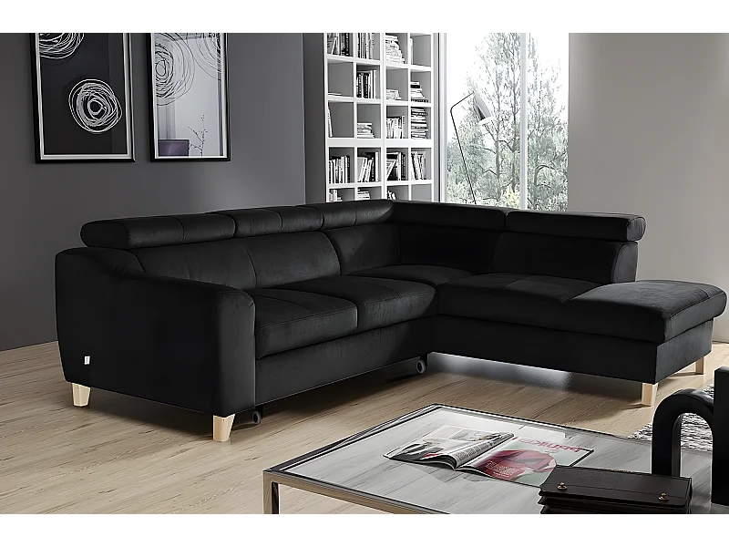 Canapé d'angle convertible en tissu luxe 5 places, ASTERIA noir, angle droit