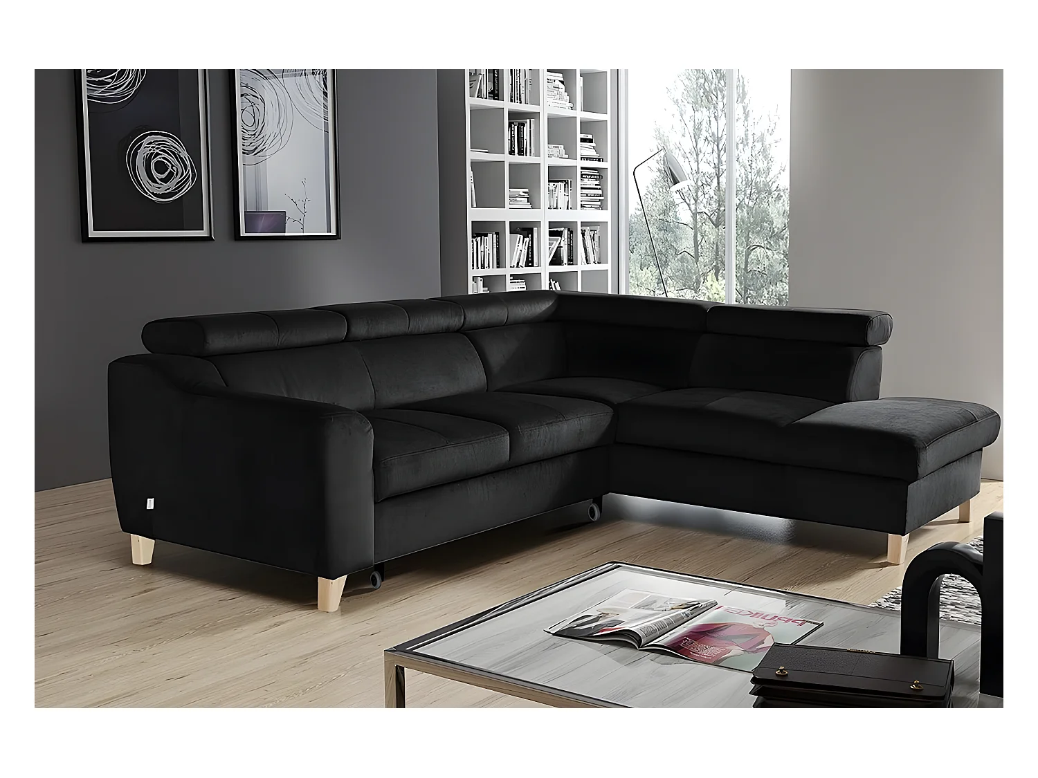 Canapé d'angle convertible en tissu luxe 5 places, ASTERIA noir, angle droit