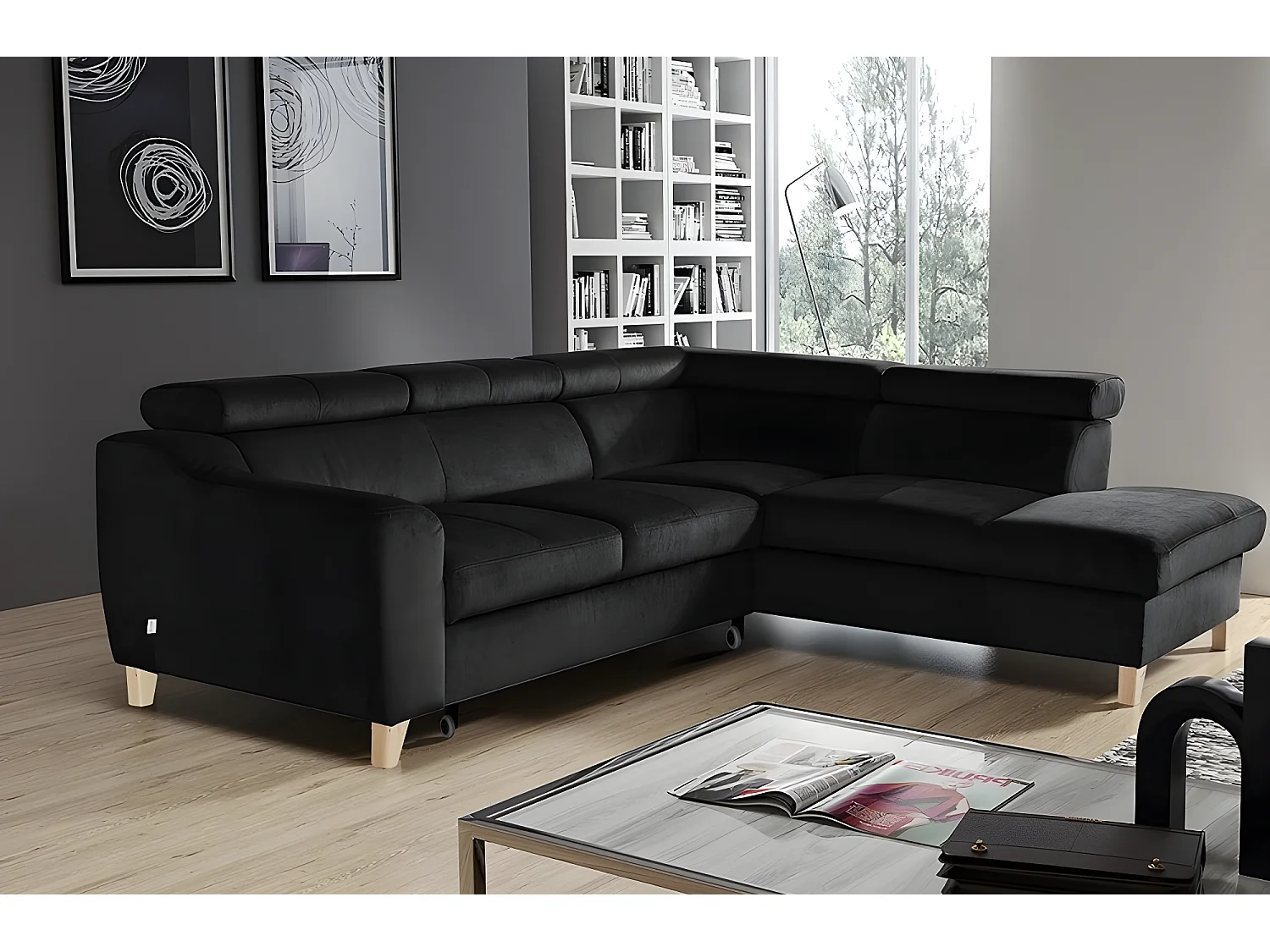 Canapé d'angle convertible en tissu luxe 5 places, ASTERIA noir, angle droit