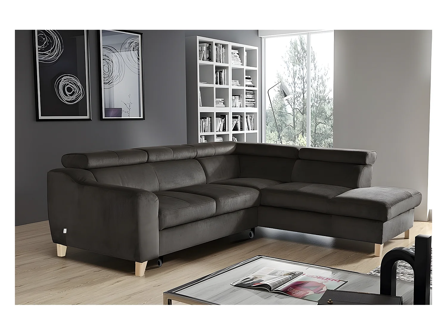 Canapé d'angle convertible en tissu luxe 5 places, ASTERIA chocolat clair, angle droit