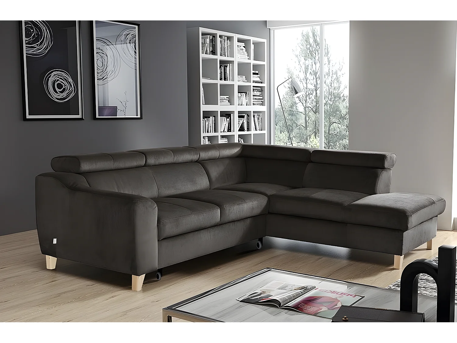 Canapé d'angle convertible en tissu luxe 5 places, ASTERIA chocolat clair, angle droit