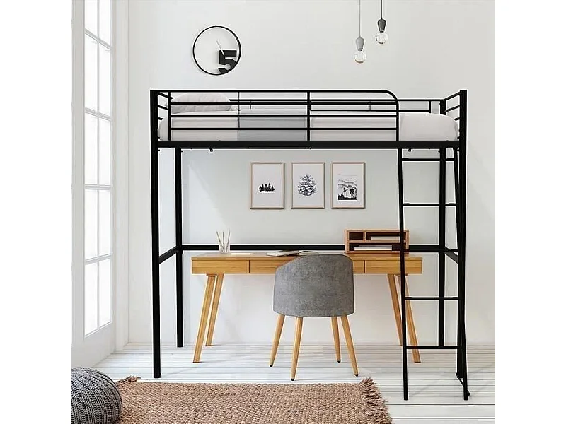 Lit mezzanine enfant ELIOT en métal noir 90 x 190 cm avec sommier inclus