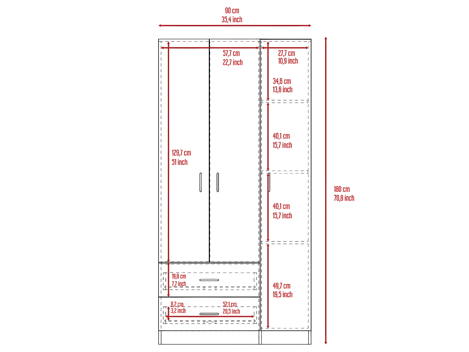 Armario de 3 Puertas Chipre 90CM AN, 180CM A, 47CM P