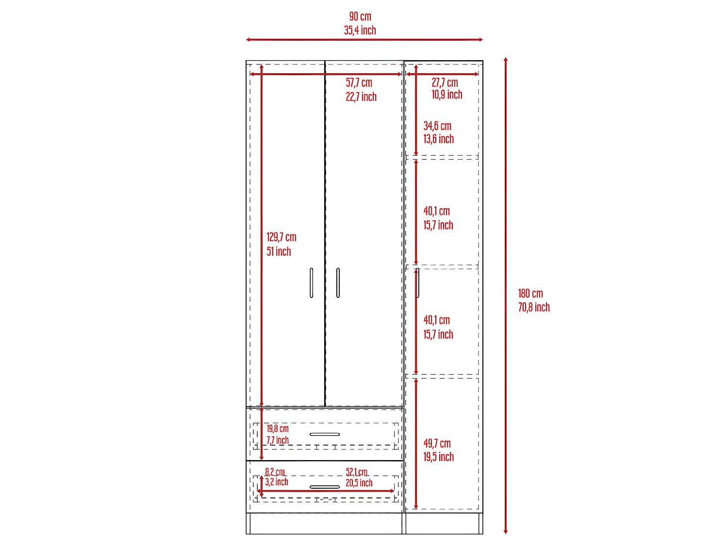 Armario de 3 Puertas Chipre 90CM AN, 180CM A, 47CM P