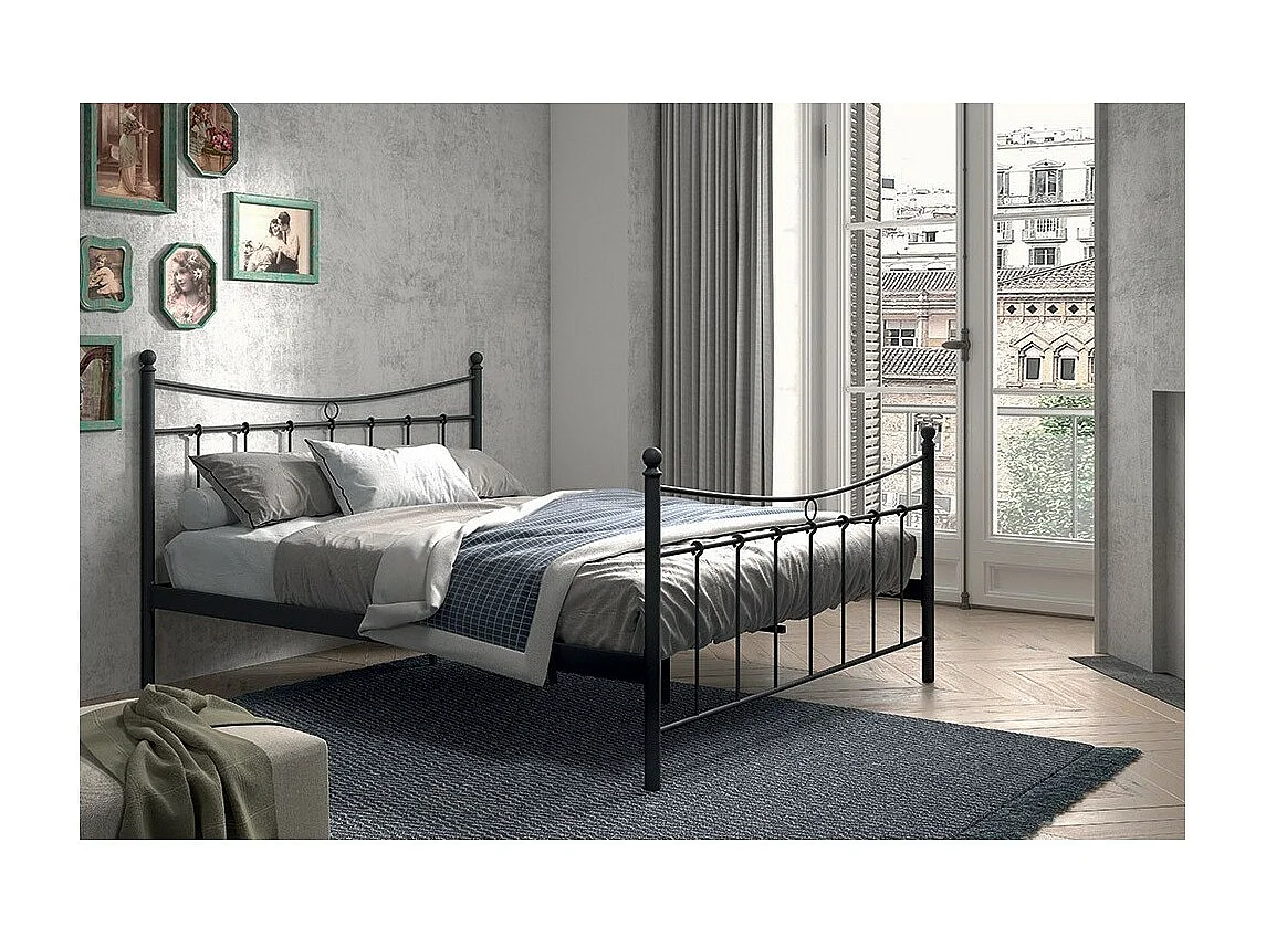 Cama de casal em metal preto 160x200 SENCHA estilo contemporâneo.