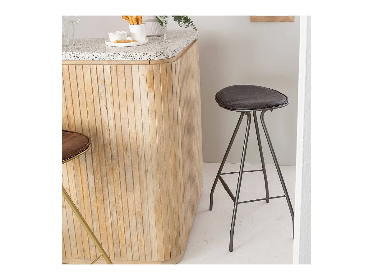 Tabouret de bar en cuir gris et métal Lya