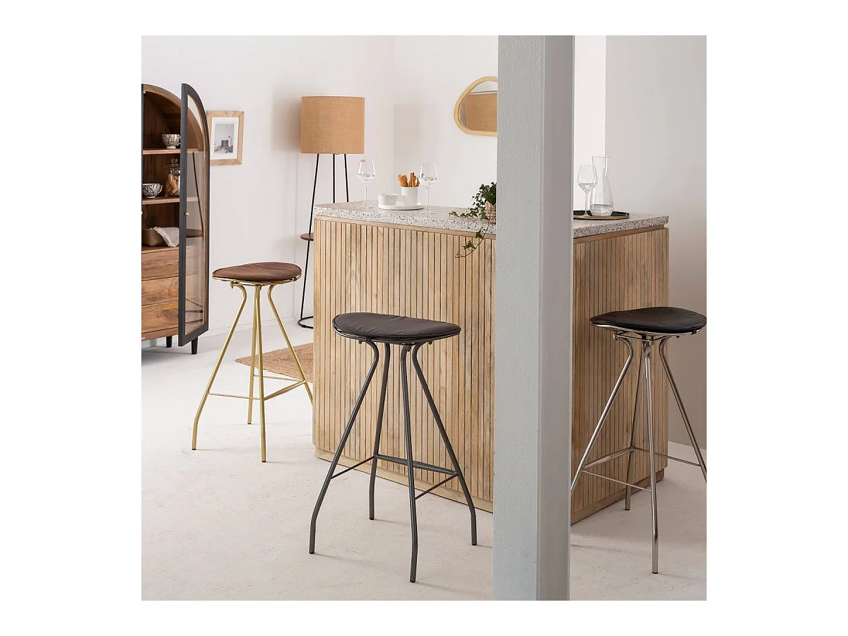 Tabouret de bar en cuir gris et métal Lya