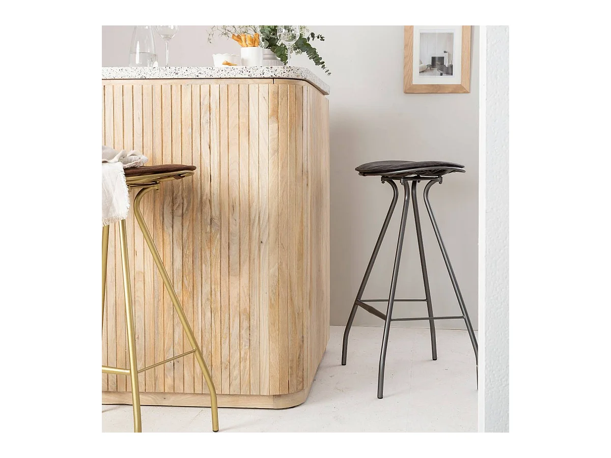Tabouret de bar en cuir gris et métal Lya