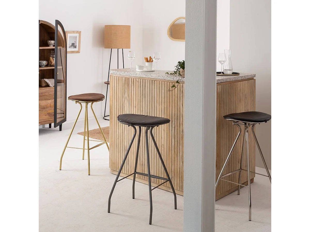 Tabouret de bar en cuir gris et métal Lya