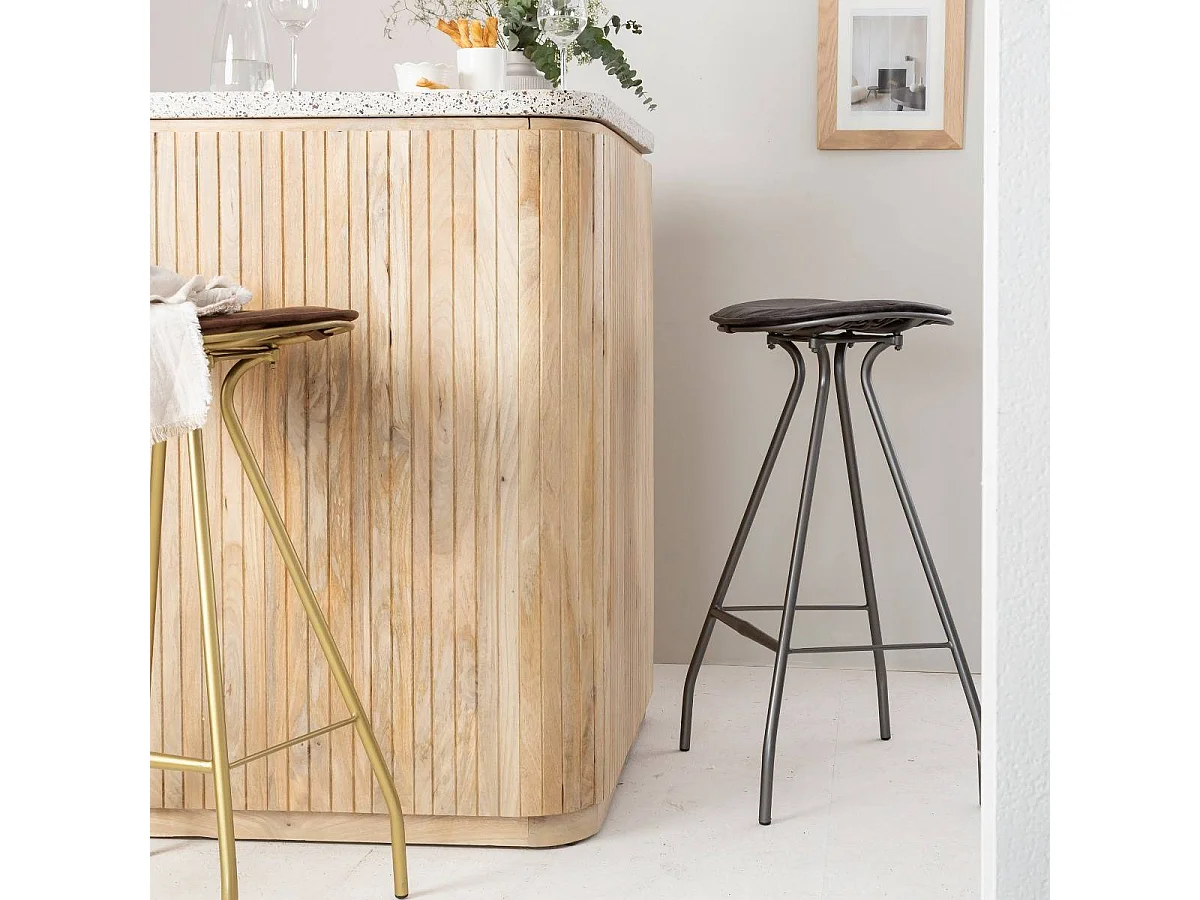 Tabouret de bar en cuir gris et métal Lya