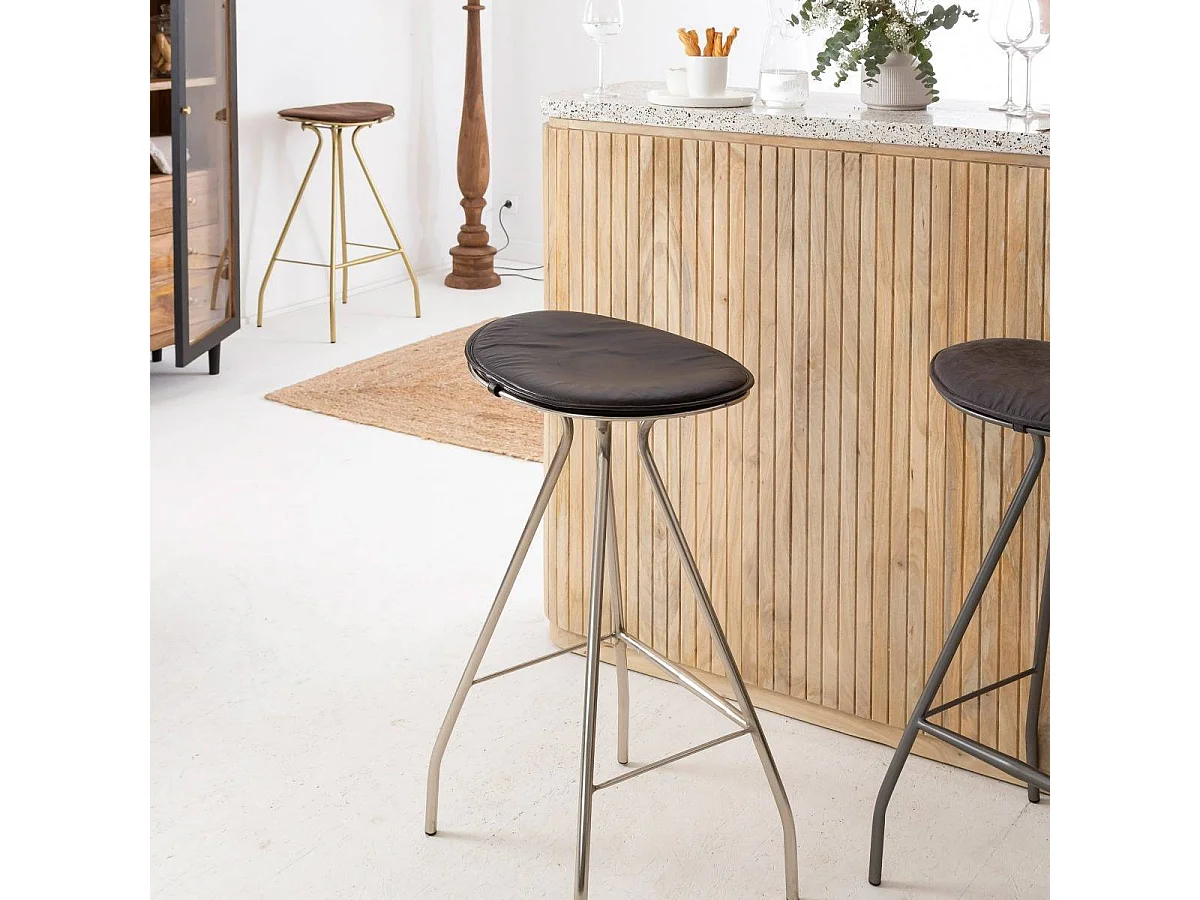 Tabouret de bar en cuir noir et métal Lya
