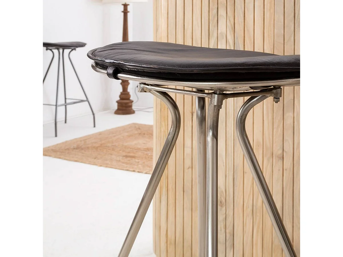 Tabouret de bar en cuir noir et métal Lya